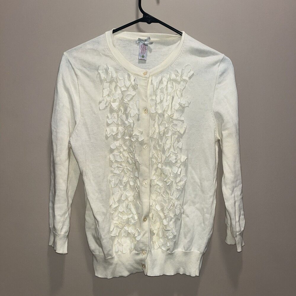 Down East Basic Womens Ruffle Front Ivory Cardigan L Feminine Cottage Twee Angel